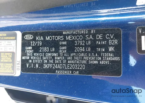 2020 Kia Forte Lxs z USA, uszkodzony, nr VIN 3KPF24AD7LE203220
